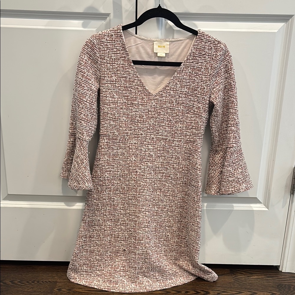 Maeve Bell Sleeve V-Neck Dress in Burgundy and Cream